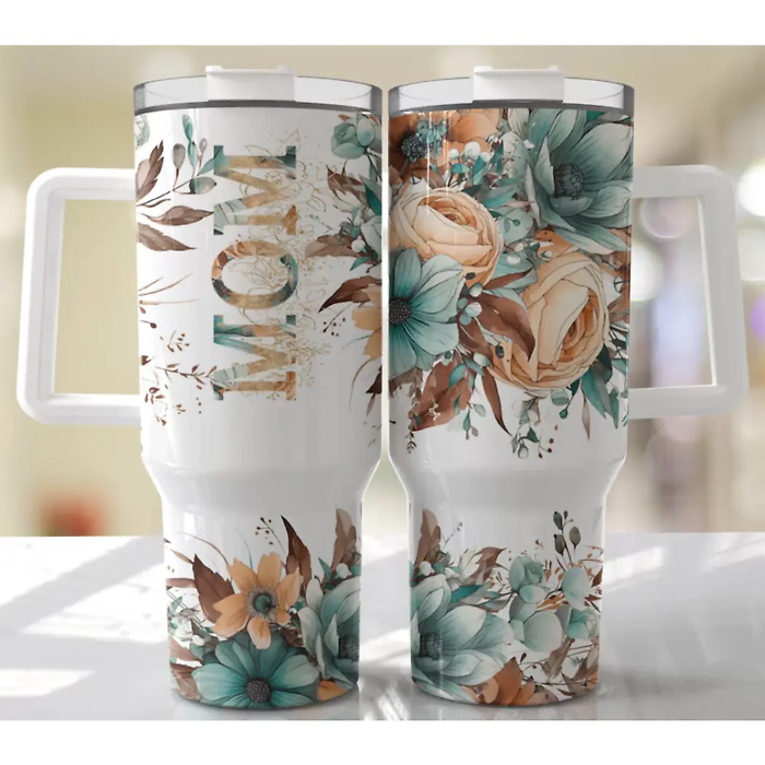 Mom Teal Floral 40oz Tumbler – Insulated Travel Mug