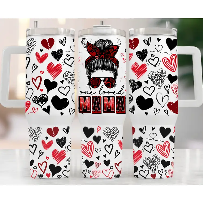 One Loved Mama 40oz Heart Print Tumbler  Insulated Travel Mug