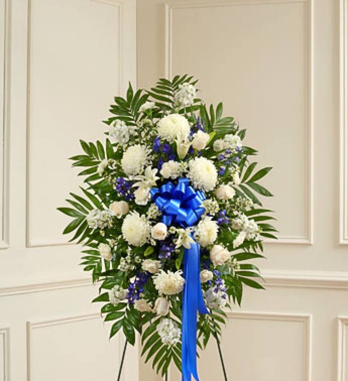 Deepest Sympathies Blue & White Standing Spray