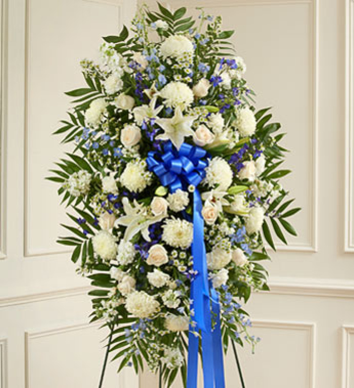 Deepest Sympathies Blue & White Standing Spray