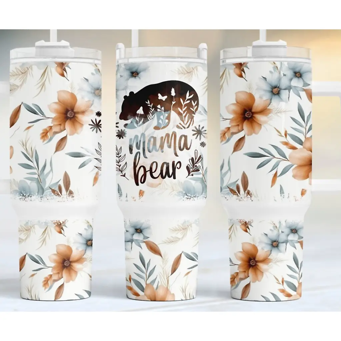 Mama Bear 40oz Floral Tumbler – Insulated Travel Cup with Stra